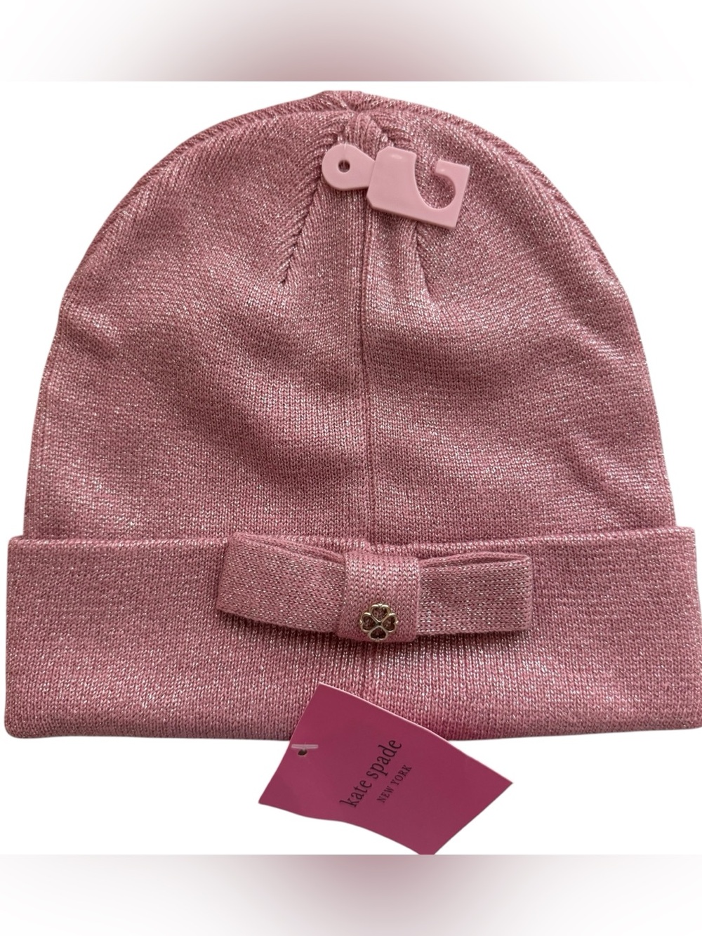 kate spade metallic rose pink bow cuff beanie